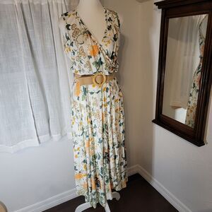 Peruvian Connection Floral Midi Dress Draped Bodice Soft Stretch Boho Viscose L